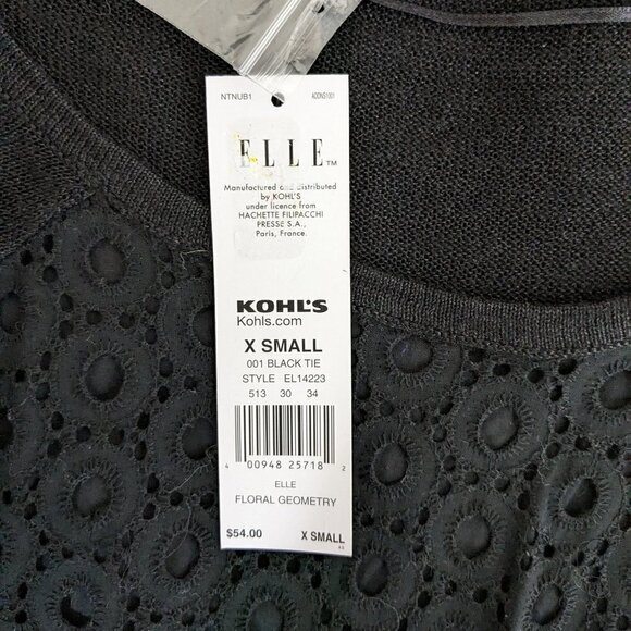 Women's ELLE, Black, Lace Front, 3/4 Sleeves, Pullover Tunic Top; Size XS - Picture 5 of 7